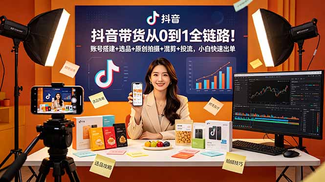 抖音带货从0到1全链路！账号搭建+选品+原创拍摄+混剪+投流，小白快速出单_