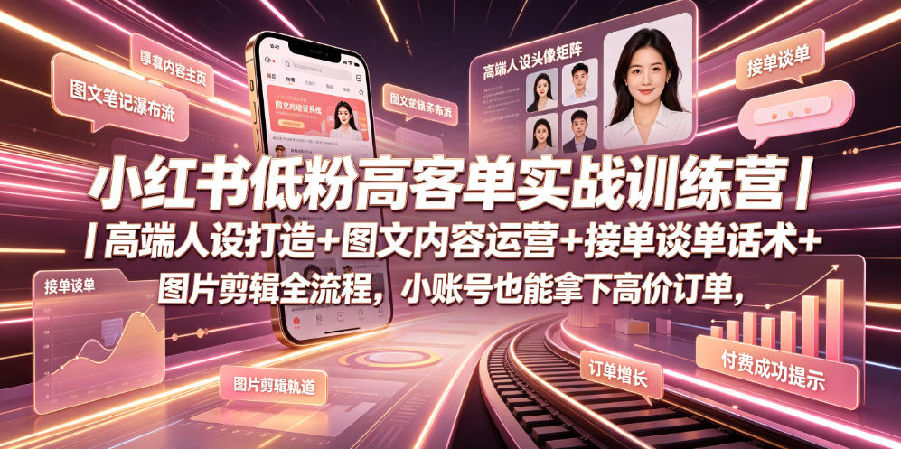 小红书低粉高客单实战训练营｜高端人设打造+图文内容运营+接单谈单话术+图片剪辑全流程，小账号也能拿下高价订单_