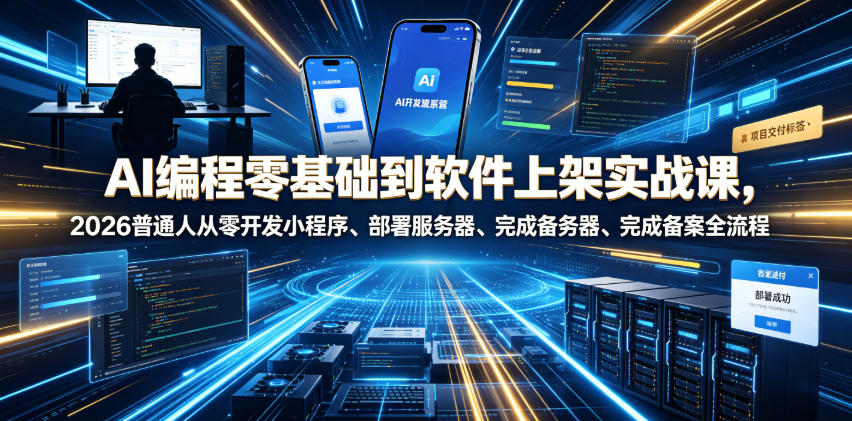 AI编程零基础到软件上架实战课，2026普通人从零开发小程序、部署服务器、完成备案全流程项目落地教程_