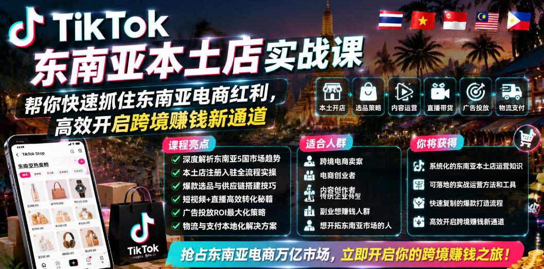 TikTok东南亚本土店实战课,帮你快速抓住东南亚电商红利,高效开启跨境賺钱新通道_