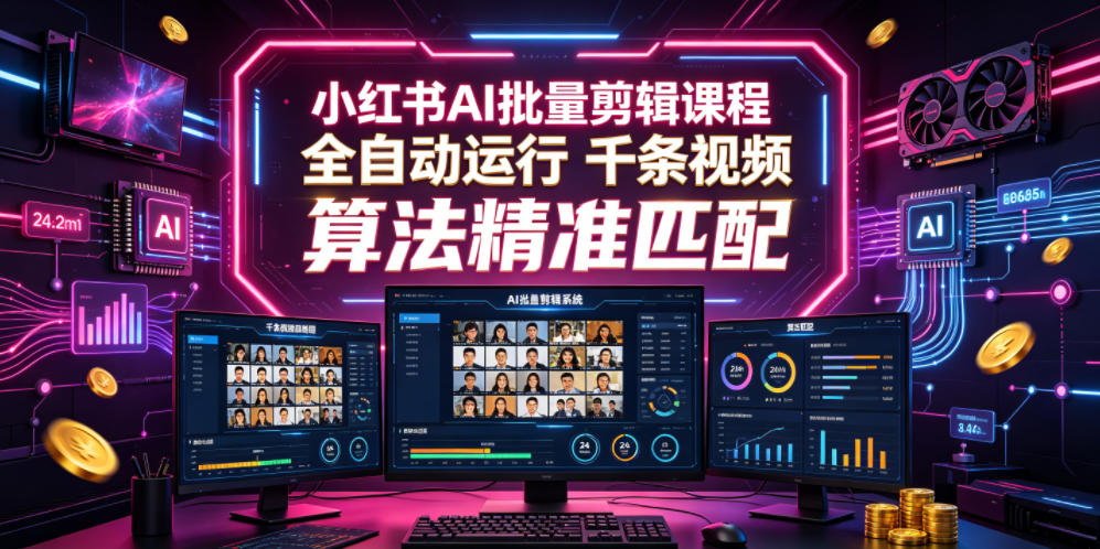 小红书AI批量剪辑课程，24小时全自动运行，解放双手专注运营，千条视频批量处理，小红书算法精准匹配_