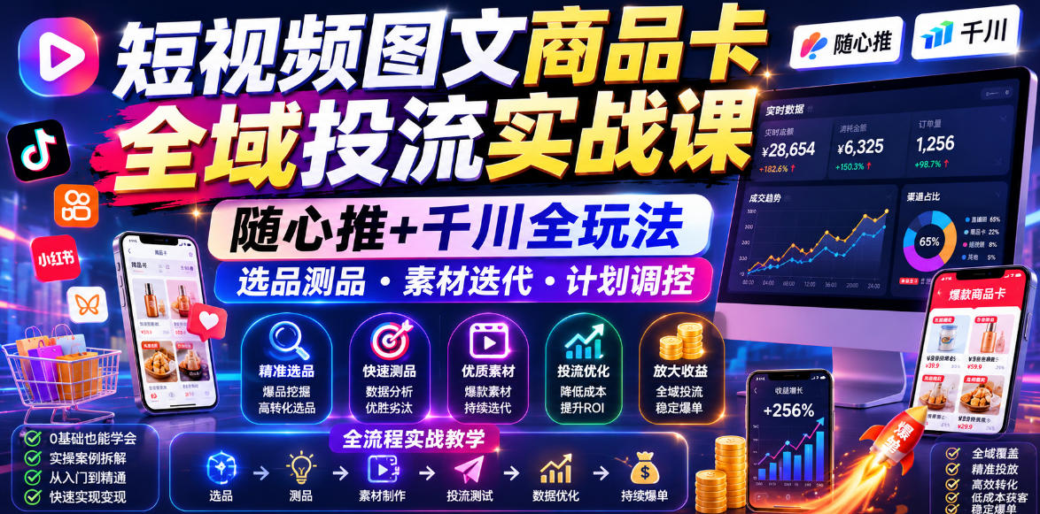 短视频图文商品卡全域投流实战课,随心推+千川全玩法,选品测品・素材迭代・计划调控,提升ROI爆单增收教程_