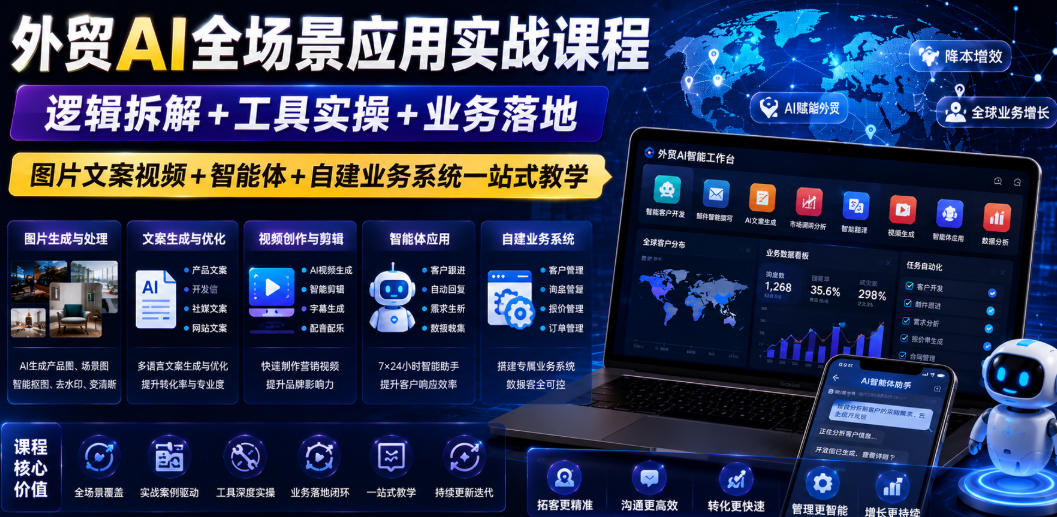 外贸AI全场景应用实战课程|逻辑拆解+工具实操+业务落地,图片文案视频+智能体+自建业务系统一站式教学_