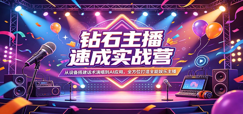 钻石主播速成实战营:从设备搭建话术演唱到AI应用,全方位打造全能娱乐主播_