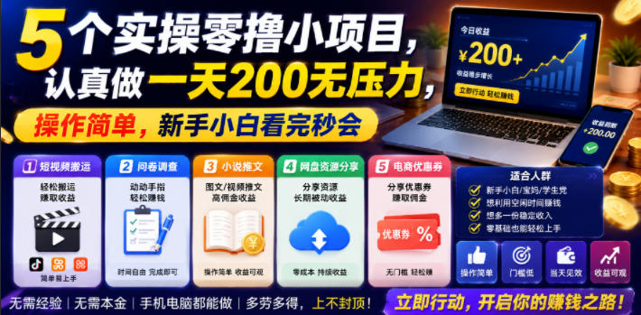 5个实操零撸小项目，认真做一天200无压力，操作简单，新手小白看完秒会【揭秘】_