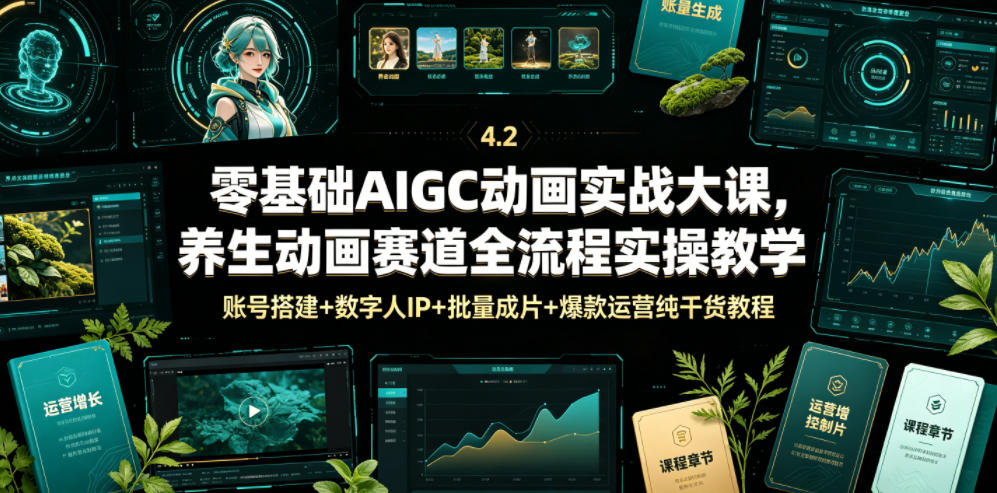 零基础AIGC动画实战大课，养生动画赛道全流程实操教学，账号搭建+数字人IP+批量成片+爆款运营纯干货教程_