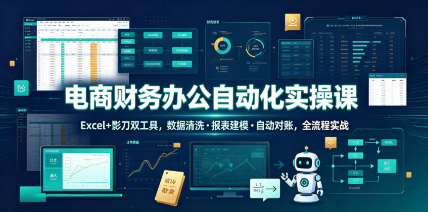 电商财务办公自动化实操课,Excel+影刀双工具,数据清洗・报表建模・自动对账,全流程实战_