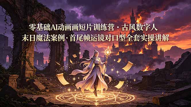 零基础AI动画短片训练营，古风数字人末日魔法案例，首尾帧运镜对口型全套实操讲解_