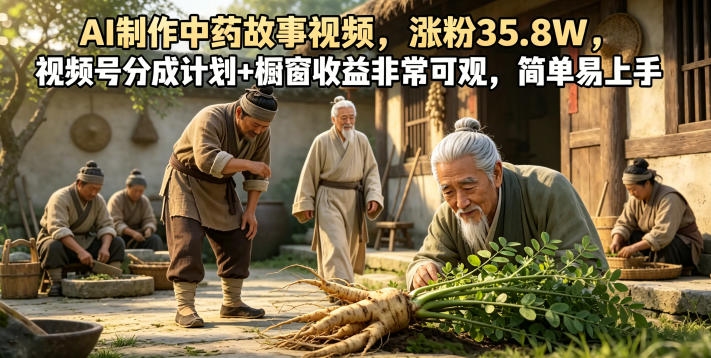 AI制作中药故事视频,涨粉35.8W,视频号分成计划+橱窗收益非常可观,简单易上手_