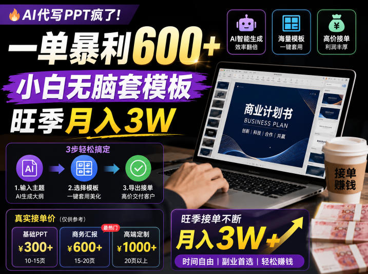 AI代写PPT疯了!一单暴利600+,小白无脑套模板,旺季月入3W,不用苦哈哈引流【揭秘】_