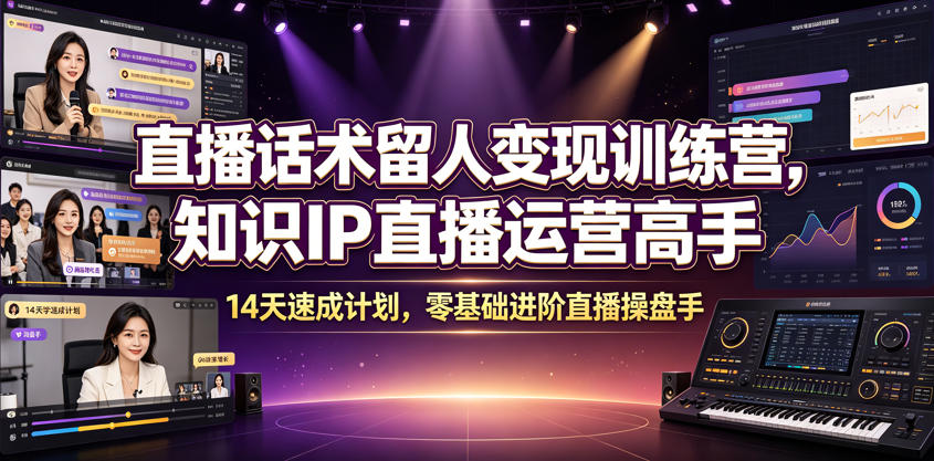 直播话术留人变现训练营,知识IP直播运营高手,14天速成计划,零基础进阶直播操盘手_