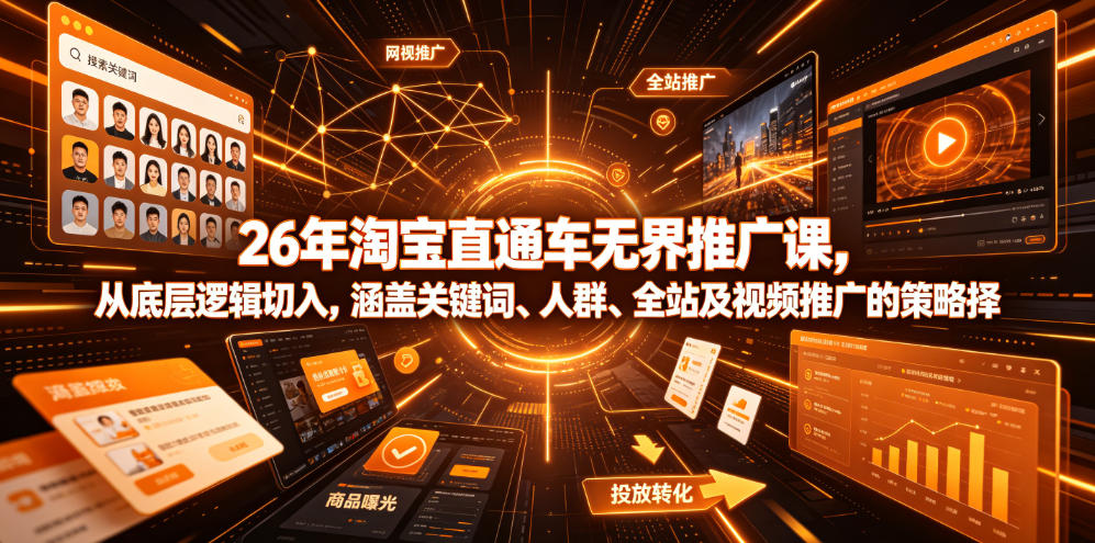 26年淘宝直通车无界推广课,从底层逻辑切入,涵盖关键词、人群、全站及视频推广的策略选择_