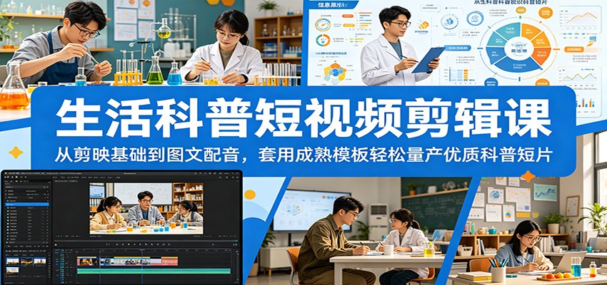 生活科普短视频剪辑课:从剪映基础到图文配音,套用成熟模板轻松量产优质科普短片_