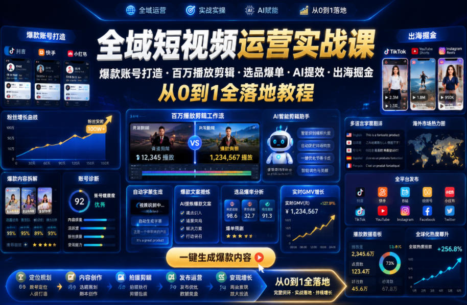 全域短视频运营实战课,爆款账号打造・百万播放剪辑・选品爆单・AI提效・出海掘金,从0到1全落地教程_