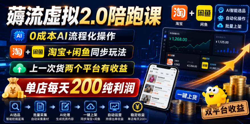 薅流虚拟2.0陪跑课,0成本AI流程化操作,淘宝+闲鱼同步玩法,上一次货两个平台有收益,单店每天200纯利润_
