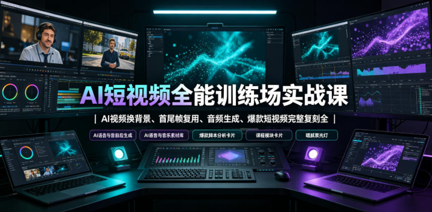 AI短视频全能训练场实战课|AI视频换背景、首尾帧复用、音频生成、爆款短视频完整复刻全套实操教学_