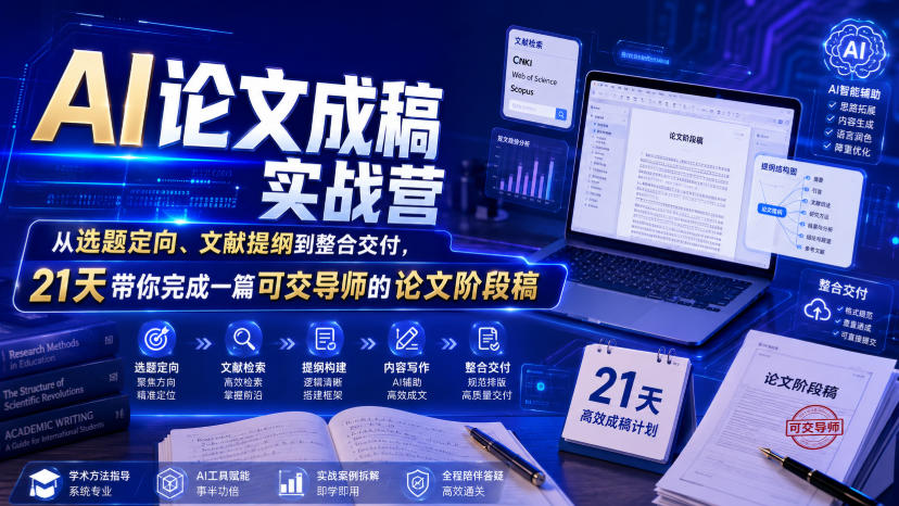 AI论文成稿实战营，从选题定向、文献提纲到整合交付，21天带你完成一篇可交导师的论文阶段稿_