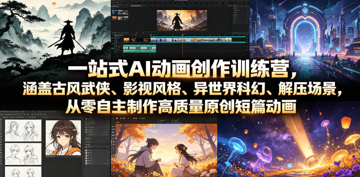 一站式AI动画创作训练营,涵盖古风武侠、影视风格、异世界科幻、解压场景,从零自主制作高质量原创短篇动画_