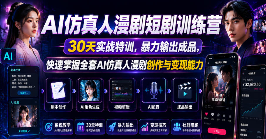 AI仿真人漫剧短剧训练营，30天实战特训，暴力输出成品，快速掌握全套AI仿真人漫剧创作与变现能力_