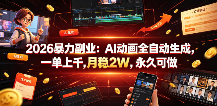 2026暴力副业：AI动画全自动生成，一单上千，月稳2W，永久可做【揭秘】_