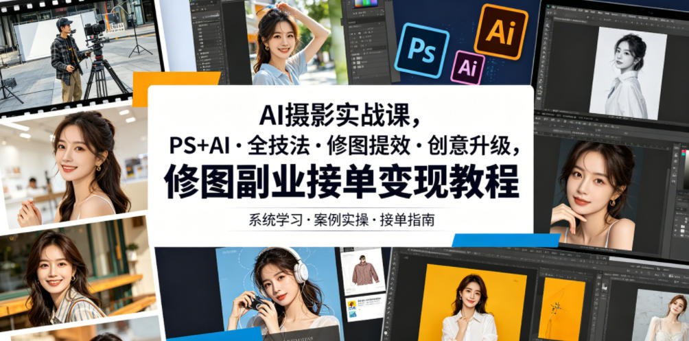 AI摄影实战课,PS+AI・全技法・修图提效・创意升级,修图副业接单变现教程_