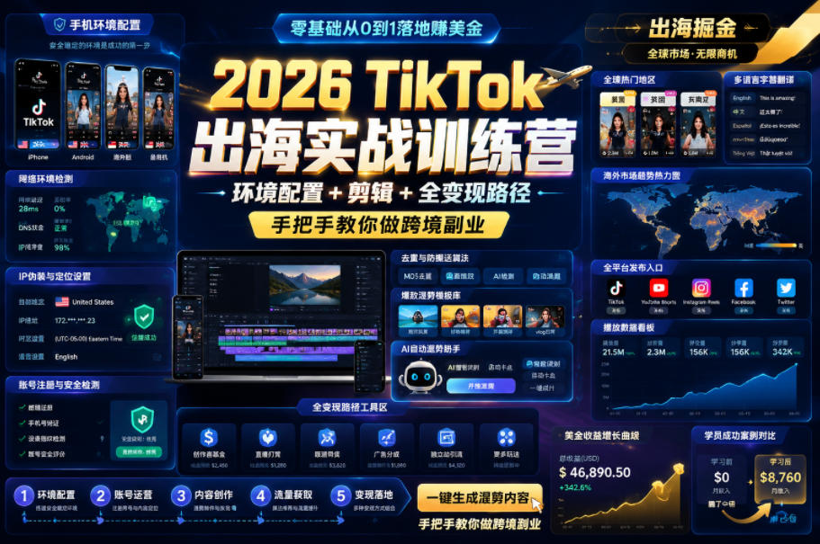 2026 TikTok出海实战训练营,环境配置 + 剪辑 + 全变现路径,手把手教你做跨境副业_