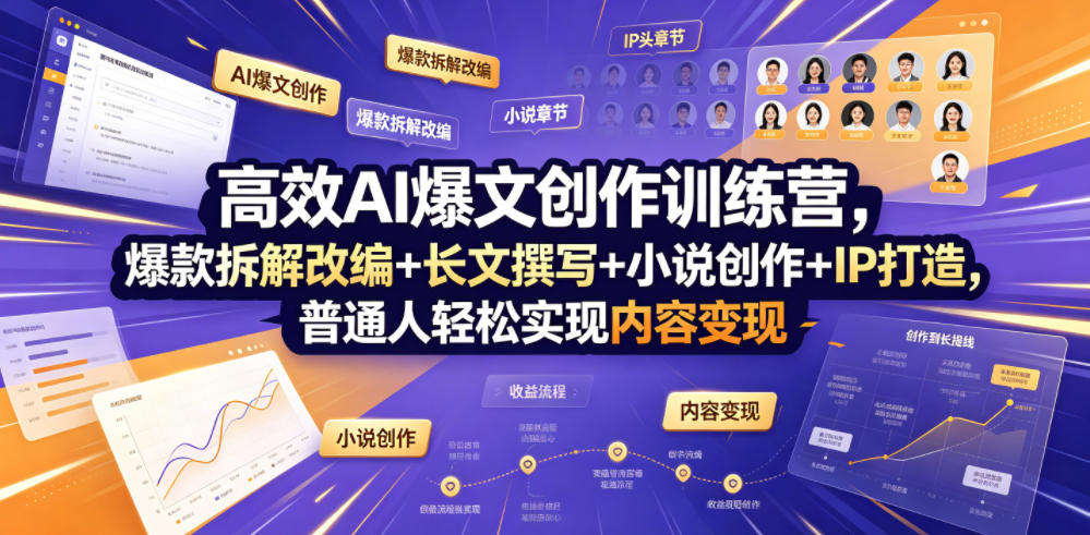 高效AI爆文创作训练营，爆款拆解改编+长文撰写+小说创作+IP打造，普通人轻松实现内容变现_