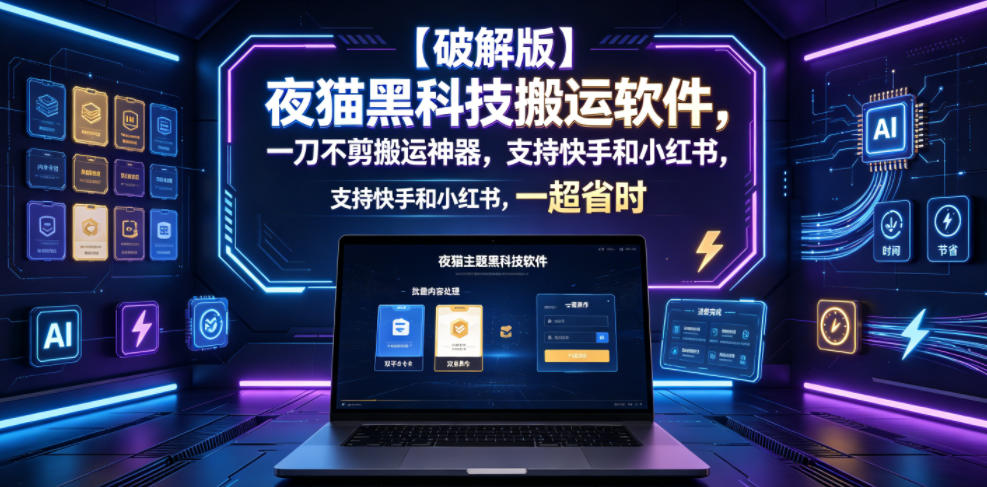 【破解版】夜猫黑科技搬运软件,一刀不剪搬运神器,支持快手和小红书,一键搬运超省时!_