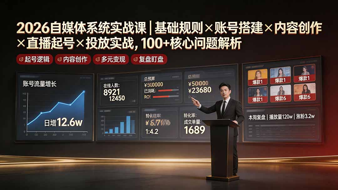 2026自媒体系统实战课｜基础规则×账号搭建×内容创作×直播起号×投放实战，100+核心问题解析_