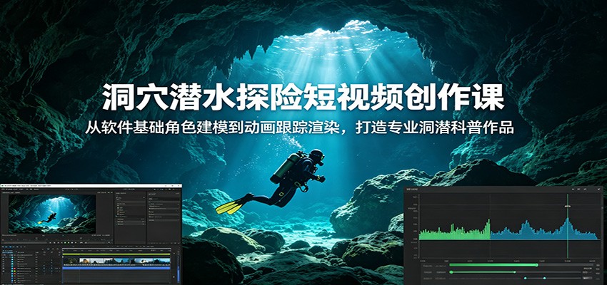 洞穴潜水探险短视频创作课:从软件基础角色建模到动画跟踪渲染,打造专业洞潜科普作品_