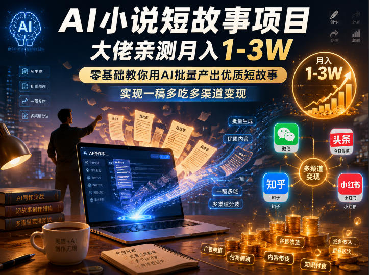 AI小说短故事项目,大佬亲测月入1-3W,零基础教你用AI批量产出优质短故事,实现一稿多吃多渠道变现_