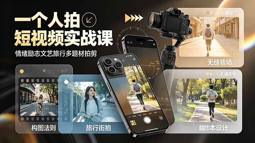 一个人拍短视频实战课：情绪励志文艺旅行多题材×五大景别×黄金构图×八大运镜，从拍摄到成片高效创作_