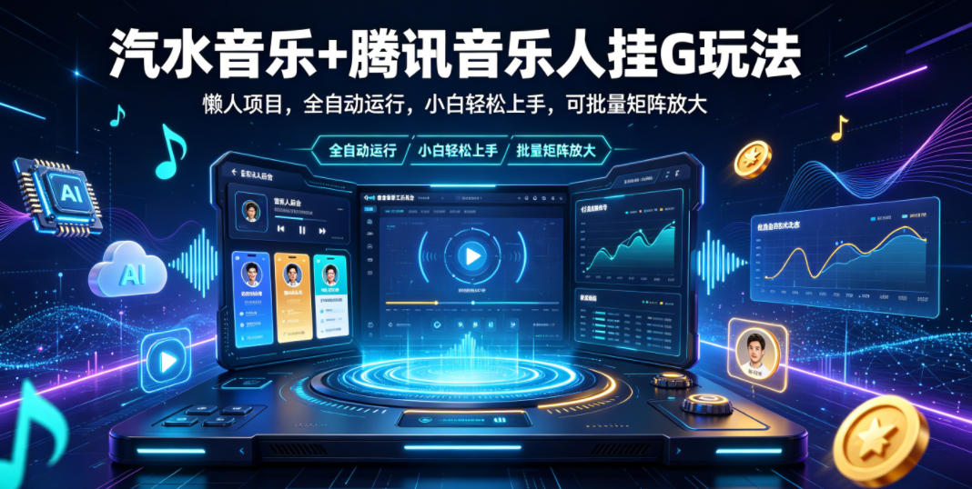 汽水音乐+腾讯音乐人挂G玩法,懒人项目,全自动运行,小白轻松上手,可批量矩阵放大【揭秘】_