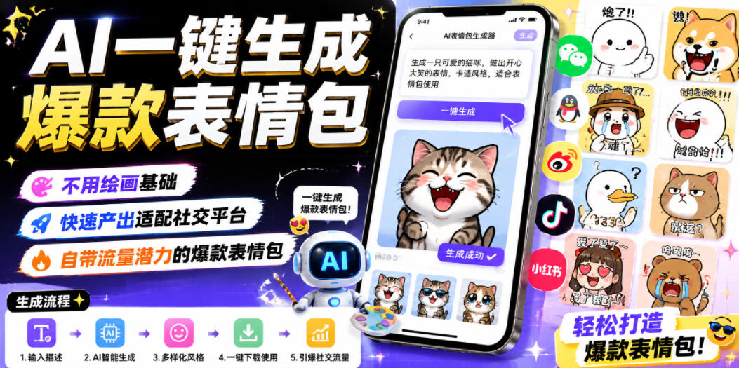 AI一键生成爆款表情包，不用绘画基础，快速产出适配社交平台，自带流量潜力的爆款表情包_