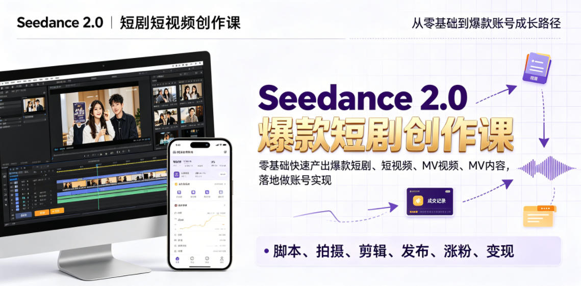 Seedance 2.0短剧短视频创作课,零基础快速产出爆款短剧、短视频、MV内容,落地做账号实现变现_