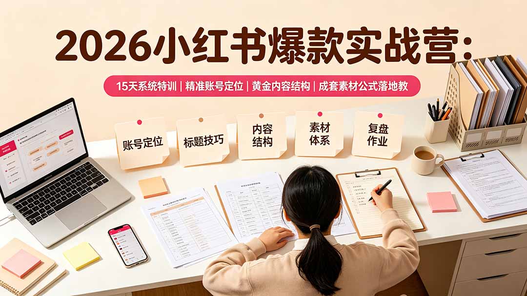 2026小红书爆款实战营：15天系统特训｜精准账号定位｜黄金内容结构｜成套素材公式落地教程_