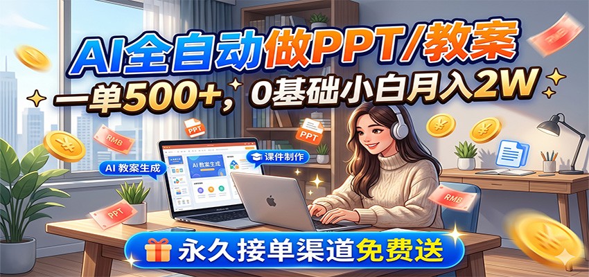 AI全自动做PPT/教案，一单500+，0基础小白月入2W，永久接单渠道免费送_