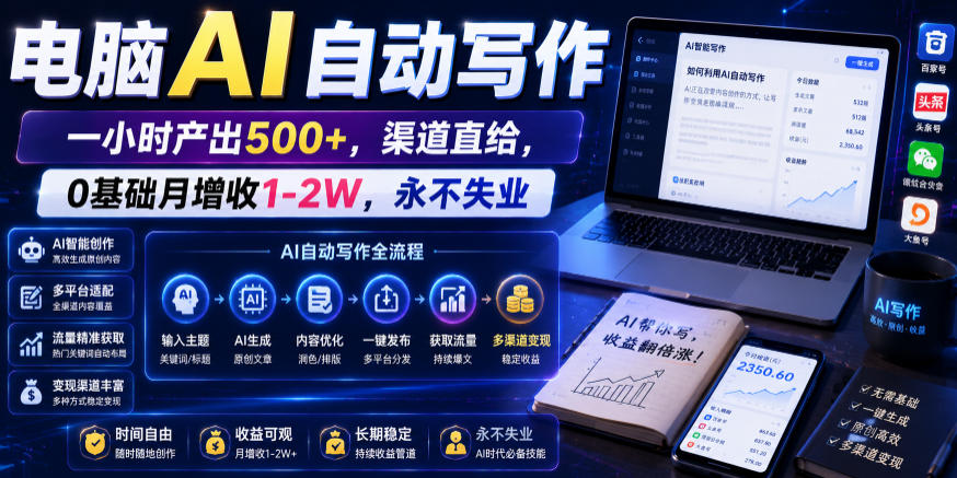 电脑AI自动写作,一小时产出500+,渠道直给,0基础月增收1-2W,永不失业【揭秘】_