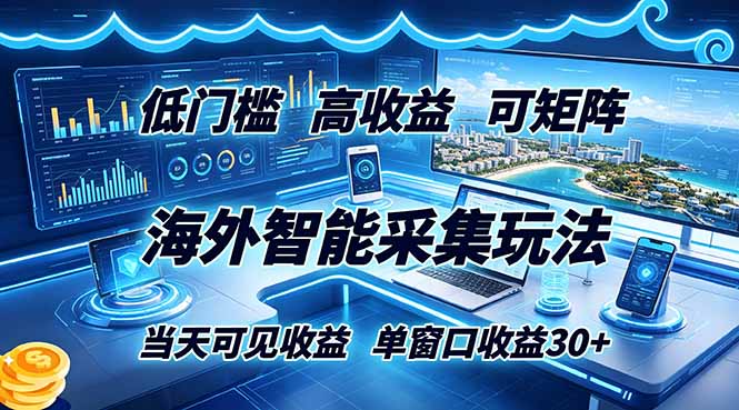 海外智能采集玩法,低门槛高单价可矩阵,当天可见收益,单窗口30+_