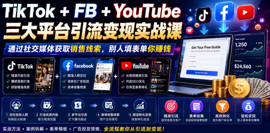 TikTok+FB+YouTube三大平台引流变现实战课,通过社交媒体获取销售线索,别人填表单你賺钱【原创双语字幕】_
