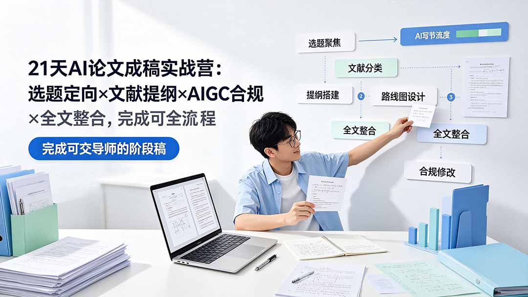21天AI论文成稿实战营：选题定向×文献提纲×AIGC合规×全文整合，完成可交导师的阶段稿_