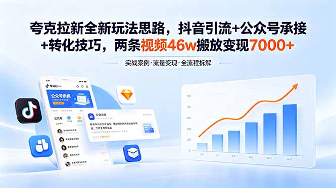 夸克拉新全新玩法思路,抖音引流+公众号承接+转化技巧,两条视频46w搬放 变现7000+_
