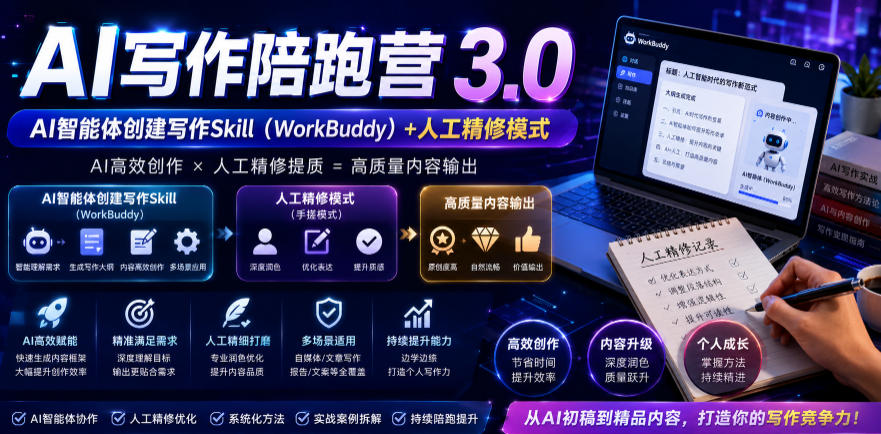 AI写作陪跑营3.0,Ai智能体创建写作skill(workbuddy)+人工手写模式(手搓模式),去除AI痕迹(头条号、公众号、百家号)_