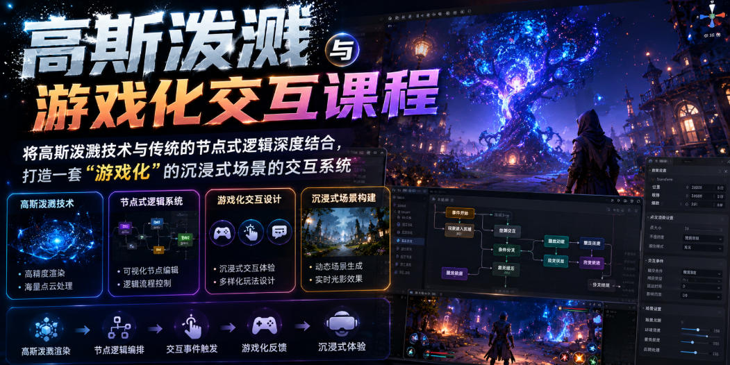 高斯泼溅与游戏化交互课程,将高斯泼溅技术与传统的节点式逻辑深度结合,打造一套“游戏化”的沉浸式场景的交互系统_