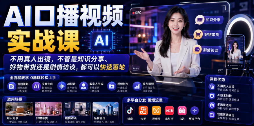 AI口播视频实战课，不用真人出镜，不管是知识分享、好物带货还是剧情访谈，都可以快速落地_