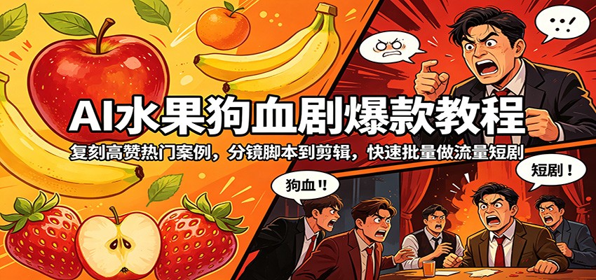 AI水果狗血剧爆款教程:复刻高赞热门案例,分镜脚本到剪辑,快速批量做流量短剧_
