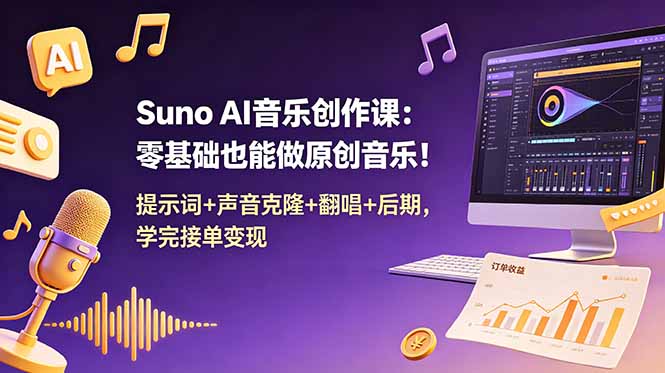 Suno AI音乐创作课:零基础也能做原创音乐!提示词+声音克隆+翻唱+后期,学完接单变现_