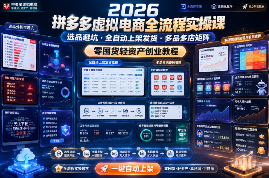 2026拼多多虚拟电商全流程实操课,选品避坑・全自动上架发货・多品多店矩阵,零囤货轻资产创业教程_
