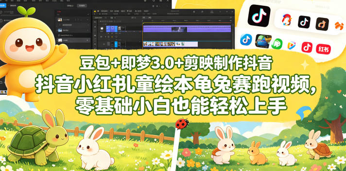 豆包+即梦3.0+剪映制作抖音小红书儿童绘本龟兔赛跑视频,零基础小白也能轻松上手_