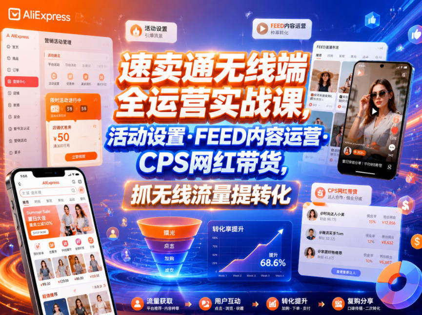 速卖通无线端全运营实战课,活动设置・FEED内容运营・CPS网红带货,抓无线流量提转化_